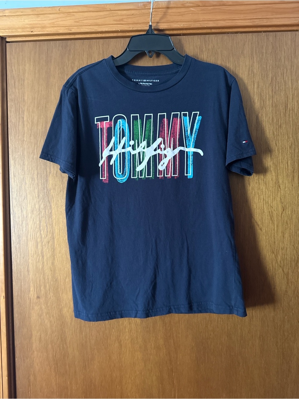 Tommy Hilfiger Navy Short Sleeve Logo Graphic Tee with Multicolor Print